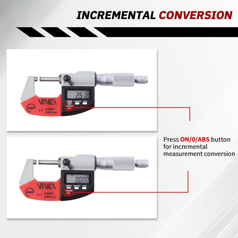 VINCA Absolute IP64 Origin Digital Micrometer, DMCA-0105 0-1"/0-25mm, 0.00005" /0.001mm Resolution, Hold Function, Carbide Tip - Image 5